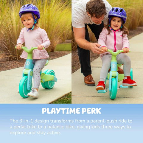 Bluey 3 In 1 Convertible Tricycle For Kids With Parent Push Handle Converts To Toddler Trike And Then Balance Bike Kid-Friendly Non Electric Ride On Toy For Ages 18 Months To 4 Years