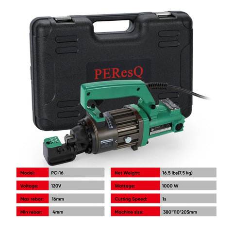 PeresQ 1000W Portable Electric Hydraulic Rebar Cutter, 16.5 lb corded trimmer displayed with carrying case for construction projects.