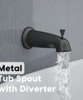 Sleek Matte Black Shower Faucet Set With Tub Spout And Valve, Includes Black Shower Head, Handle, And 6-Setting 4.7 Inch Handheld For Easy Bath Remodel, metal tub spout with water flowing.