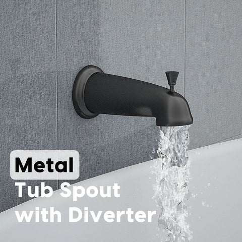 Sleek Matte Black Shower Faucet Set With Tub Spout And Valve, Includes Black Shower Head, Handle, And 6-Setting 4.7 Inch Handheld For Easy Bath Remodel, metal tub spout with water flowing.