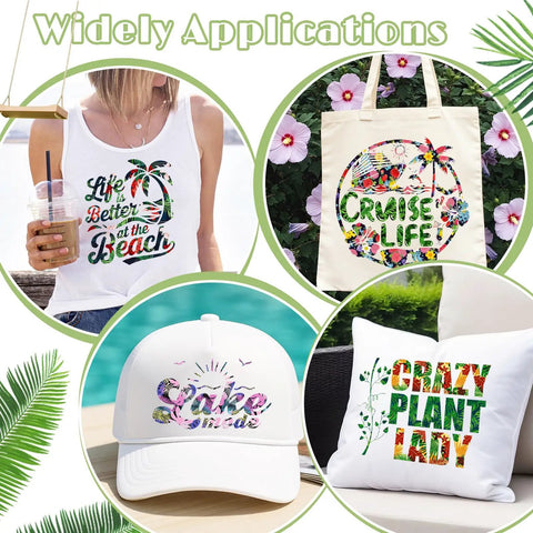 Dope Tropical Leaves Heat Transfer Vinyl Set With 10 Sheets 10x12 Inches Multicolor Pineapple Hawaiian Floral Pattern HTV on shirt, bag, cap, and pillow.