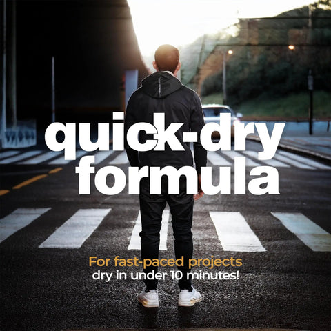 Back view of person on crosswalk highlighting quick-dry formula of Traffic Marking Spray Paint 18oz 12-Pack White Quick-Dry Formula.