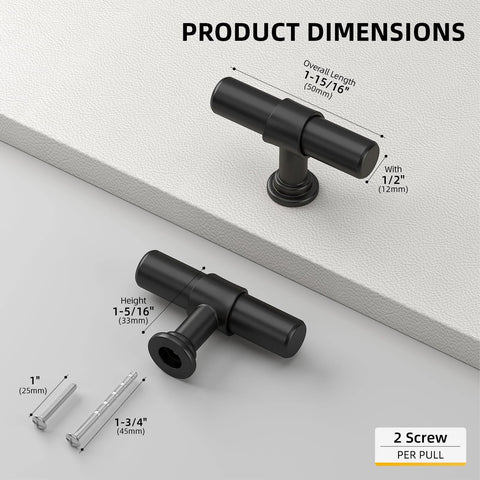 5 Pack Black Cabinet Knobs And Drawer Pulls, T Bar Dresser Handles, Modern Hardware For Cupboard And Bathroom, dimensions shown