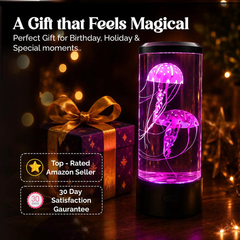 Lifelike Jellyfish Lamp With Sixteen Color Options And Four Modes Auto Shutoff Remote Controlled LED Night Light glowing pink beside gift.