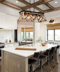 Open Cage Farmhouse Ceiling Light Fixture With 5 Light Dining Room Chandelier For Over Table Linear Rectangular Design And Island Pendant Lighting For Kitchen Breakfast Bar Adjustable Height With 2 Rods over kitchen island