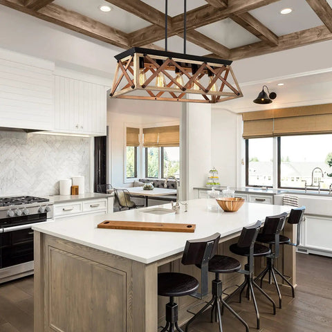 Open Cage Farmhouse Ceiling Light Fixture With 5 Light Dining Room Chandelier For Over Table Linear Rectangular Design And Island Pendant Lighting For Kitchen Breakfast Bar Adjustable Height With 2 Rods over kitchen island