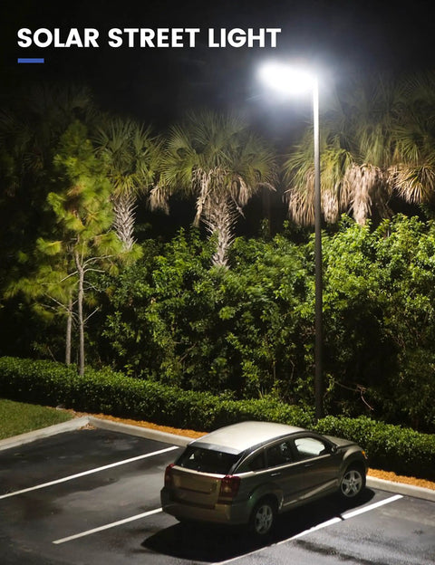 500W Solar Street Lights Outdoor 20000 Lumens LED Solar Parking Lot Lights Dusk To Dawn Sensor illuminating a parking area