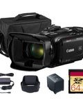 HF G70 4K Camcorder With 20x Optical Zoom, 1/2.3-Inch CMOS Sensor, shown with bag, charger, battery, and 64GB memory card