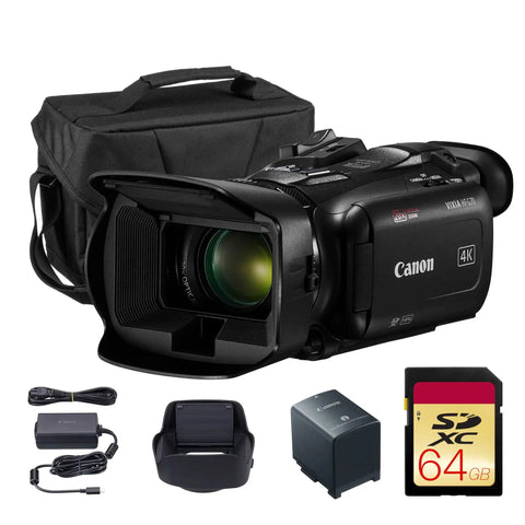 HF G70 4K Camcorder With 20x Optical Zoom, 1/2.3-Inch CMOS Sensor, shown with bag, charger, battery, and 64GB memory card