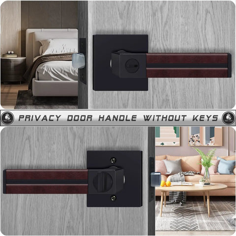 Six Pack Leather Wrapped Interior Door Handles With Keyless Privacy Lock Matte Black Lever Set for bedroom and bathroom doors