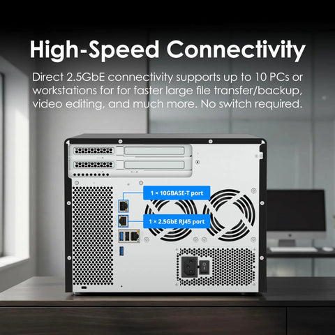 Back view of Heavy Duty Eight Bay Network Attached Storage with high-speed 2.5GbE and 10GbE ports for network connectivity.