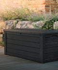 Beefy Westwood 150 Gallon Resin Outdoor Storage Box For Patio Furniture Cushions Garden Tools And Pool Floats Lockable Weather Resistant Deck Storage Bench That Seats Two Dark Grey on patio.