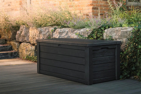 Beefy Westwood 150 Gallon Resin Outdoor Storage Box For Patio Furniture Cushions Garden Tools And Pool Floats Lockable Weather Resistant Deck Storage Bench That Seats Two Dark Grey on patio.