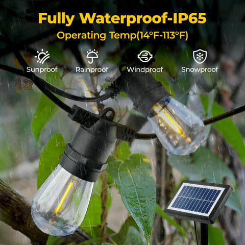 Outdoor Solar String Lights 29 Ft Long With 10 S14 Edison Bulbs Warm White IP65 Waterproof shown in rain with solar panel
