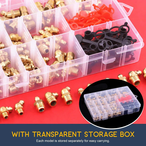 Hydraulic Zerk Fittings Kit With Caps, 156 Pcs SAE And Metric Grease Fittings in storage box, brass construction