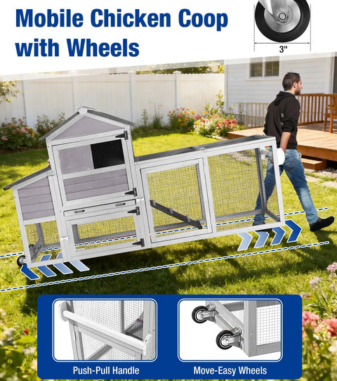 Mobile Chicken Coop With Run And Wheels, Beefy Outdoor Hen House On Wheels being moved in a backyard by a person