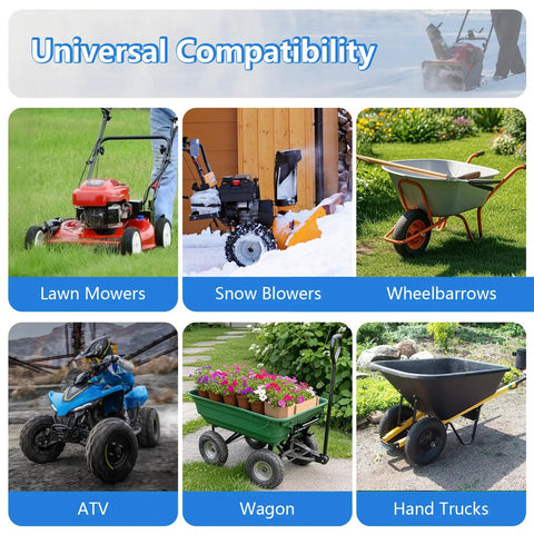 Collage of equipment: lawn mower, snow blower, wheelbarrow, ATV, wagon, hand truck showing Heavy Duty Inner Tube compatibility
