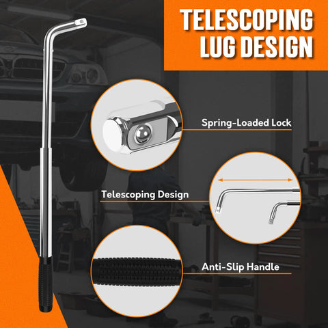 Telescoping Lug Wrench Kit With 1/2 Drive And Dual End Sockets 17/19mm And 21/23mm, Heavy Duty Chrome Vanadium Construction