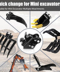 Universal Quick Change Mini Excavator Attachment Connector For Small Diggers shown with various tool attachments
