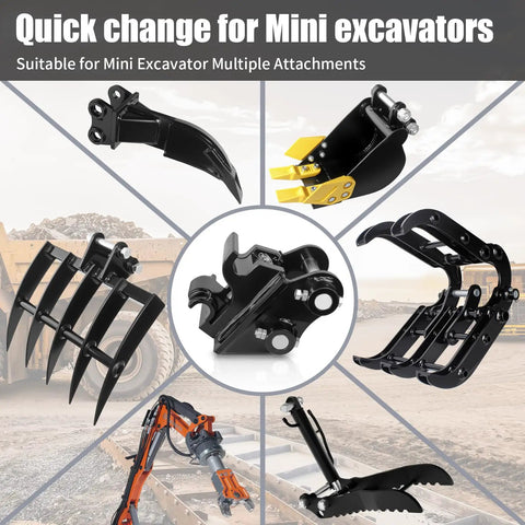 Universal Quick Change Mini Excavator Attachment Connector For Small Diggers shown with various tool attachments