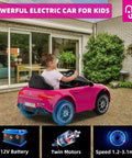 Child driving pink 12V Licensed Kids Ride On Electric Car With Remote Control, Pink Battery Powered Toddler Roadster, Bluetooth Music Player