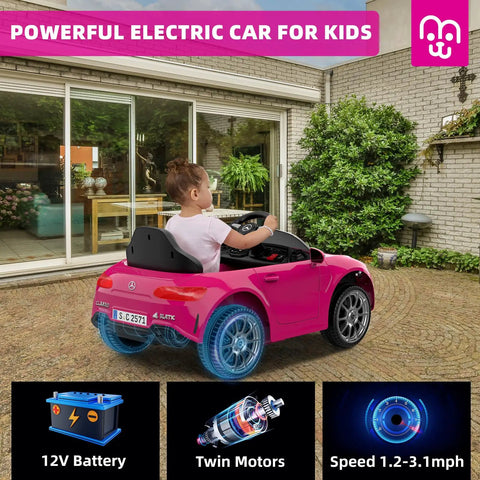 Child driving pink 12V Licensed Kids Ride On Electric Car With Remote Control, Pink Battery Powered Toddler Roadster, Bluetooth Music Player