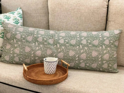 Vintage Floral Double Sided Lumbar Pillow Cover 14x36 Neutral Green Beige Botanical Farmhouse Style for Bed Sofa Living Room Cozy Accent Cushion Decor on beige sofa