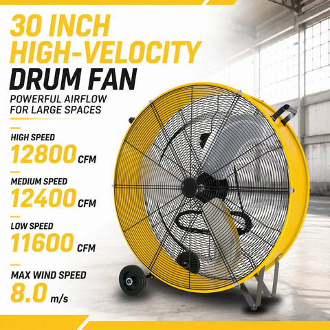 30 Inch Heavy Duty Industrial Drum Fan With Smooth Rolling Wheels Blows 12800 Cfm in a large workspace setting.