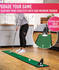 Person using Slim Home Putting Mat For Fast Smooth Roll And Lower Scores, 7.9ft By 0.82ft in kitchen, rubber backed nylon.