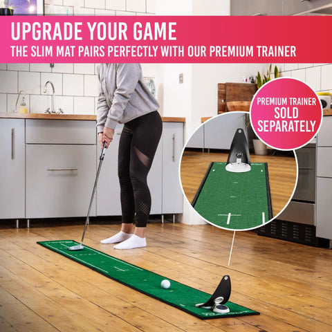 Person using Slim Home Putting Mat For Fast Smooth Roll And Lower Scores, 7.9ft By 0.82ft in kitchen, rubber backed nylon.