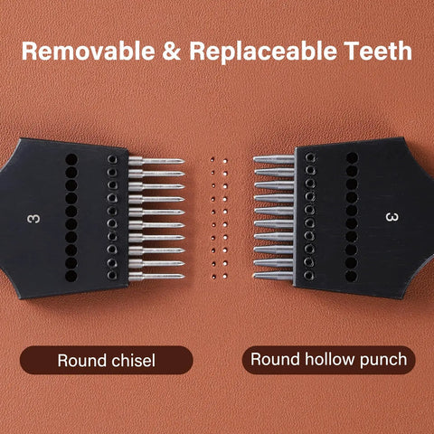 Leather Hole Punch Kit With 3 Interchangeable Modes For Round Holes And Lacing Stitching, removable and replaceable teeth close-up