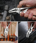 Person using Mini Long Nose Locking Pliers 4.5 Inch Chrome Vanadium Steel Locking Vise Grips for clamping and twisting metal wire