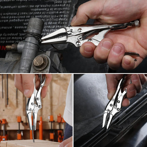Person using Mini Long Nose Locking Pliers 4.5 Inch Chrome Vanadium Steel Locking Vise Grips for clamping and twisting metal wire