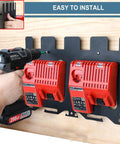 Heavy Gauge Metal Wall Mount Rack For Milwaukee 18V Battery And Dual Charger Stand with cordless drill holder installed.