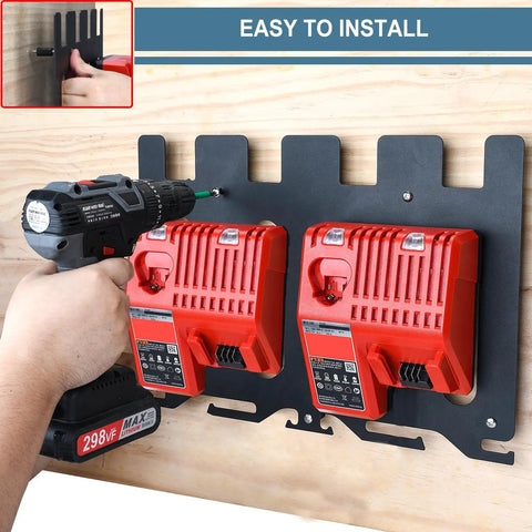 Heavy Gauge Metal Wall Mount Rack For Milwaukee 18V Battery And Dual Charger Stand with cordless drill holder installed.