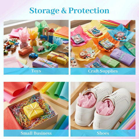 Storage and protection uses for 330 Sheets Multicolor Tissue Paper Pack 14x10 Inches Wrapping Paper For Gift Bags Holiday Birthday DIY Crafts Projects 20 Vibrant Colors Great For Gift Wrapping Decor And Party Supplies displayed with toys, craft supplies, small business packaging, and shoes