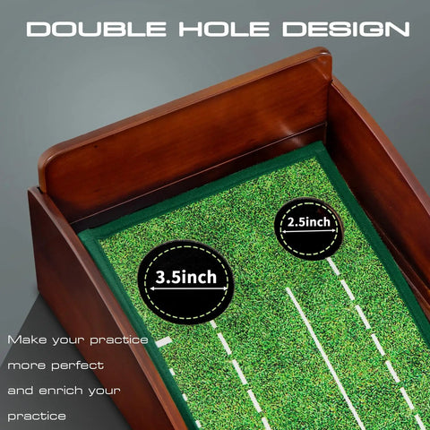 Portable Indoor Golf Putting Mat With Ball Included, Wrinkle Free Surface, Solid Wood Build showing double hole design