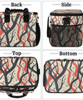 Insulated Picnic Backpack With Large Capacity Lunch Bag Keeps Food Fresh On The Go Perfect For Picnics Beach Work Travel Office Or Camp, tote style displayed from all sides with black and red abstract pattern.