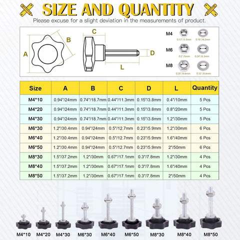 Top Shelf M4 M6 M8 Star Knob Assortment With 304 Stainless Steel Hex Nuts And Washers Easy Grip Hand Tightening Screws size and quantity table