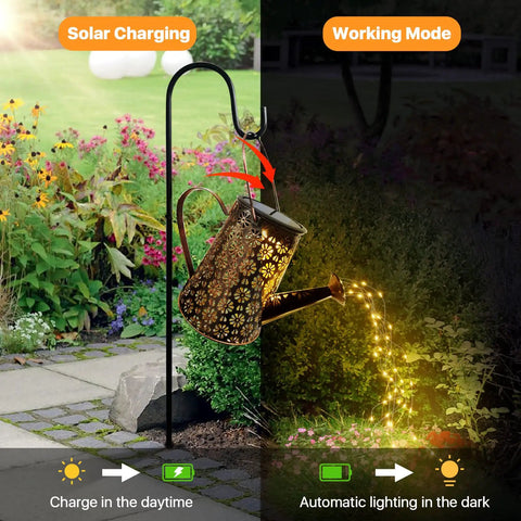 Solar Powered Watering Can Lantern Lights For Garden Decor hanging on hook with LED string lights illuminating pathway