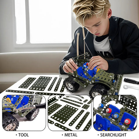 Child building a Jeep with Hands On 283 Piece Metal Construction Kit For Builders Ages 8 To 12 With Erector Style Mechanics STEM