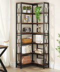 Seven Tier Corner Shelf Industrial Bookcase Crafted Tough To Clear The Decks Of Clutter While Holding Down All Your Gear And Keeping Every Nook Looking Sharp And Tidy in a bright corner with plants and decor.