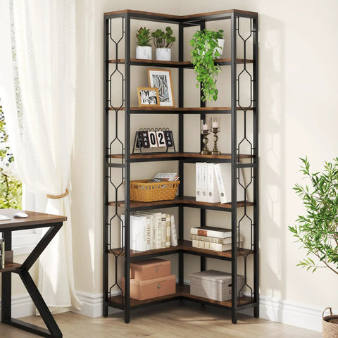 Seven Tier Corner Shelf Industrial Bookcase Crafted Tough To Clear The Decks Of Clutter While Holding Down All Your Gear And Keeping Every Nook Looking Sharp And Tidy in a bright corner with plants and decor.