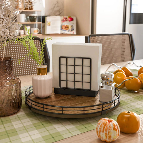 Kick Your Kitchen Clutter To The Curb With This Smooth Spinning Acacia Wood Lazy Susan Turntable Organizer And Round Wooden Tray For Condiments Spices And Bathroom Vanity Decked Out In Farmhouse Vibes, displaying napkins, a vase, and fruits.