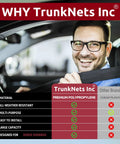 Man smiling in car with comparison chart for TrunkNets Inc highlighting benefits for Dodge Durango Trunk Mesh Cargo Net Envelope Style For SUVs 1998 2026
