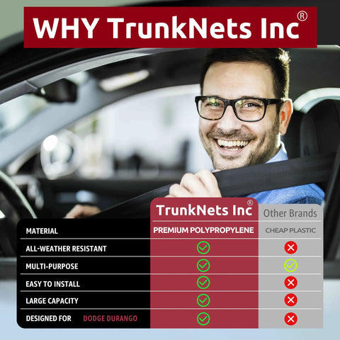 Man smiling in car with comparison chart for TrunkNets Inc highlighting benefits for Dodge Durango Trunk Mesh Cargo Net Envelope Style For SUVs 1998 2026