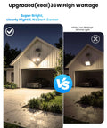 Onforu 36W Solar LED Security Lights, PIR Motion Sensor Outdoor, Yard comparison of brightness in a garage setting.