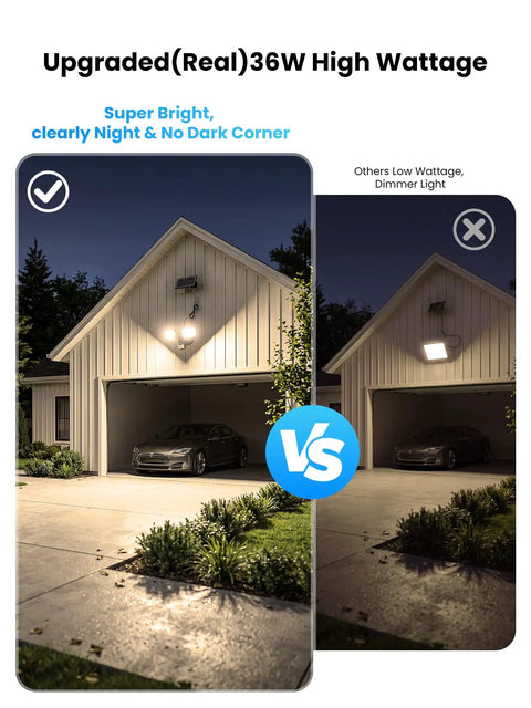 Onforu 36W Solar LED Security Lights, PIR Motion Sensor Outdoor, Yard comparison of brightness in a garage setting.
