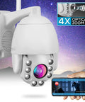 Outdoor PTZ IP Security Cam With 4x Optical Zoom Starlight Night Vision 1080p HD Wireless WiFi Video Surveillance Two Way Audio Cloud Storage And Alexa Show Compatibility shown mounted outdoors with smartphone display.