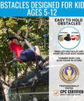 Kid climbing on Kid Ninja Warrior Obstacle Course Set With 2 X 60 Foot Slacklines, 13 Outdoor Obstacles For Climbing, Swinging And Balance Training, Monkey Net, Rings, Rope Knots, Supports Up To 880 Lbs, Ages 3 Plus outdoors
